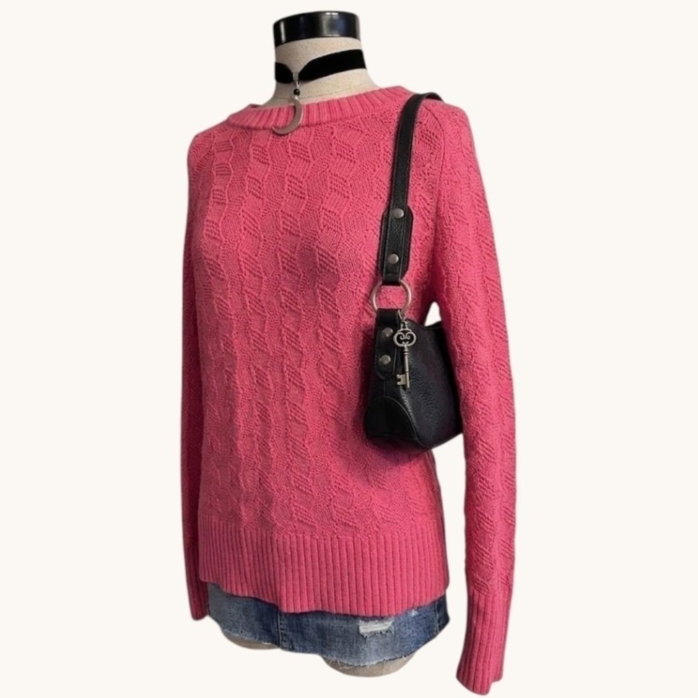 Pink Basketweave Knit Cotton Crewneck Sweater medium Fall Winter Preppy
